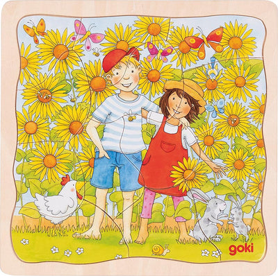 Puzzle Goki - champ de tournesols - 35 pièces - 3 couches - 20x20x1,1cm - bois - 3+