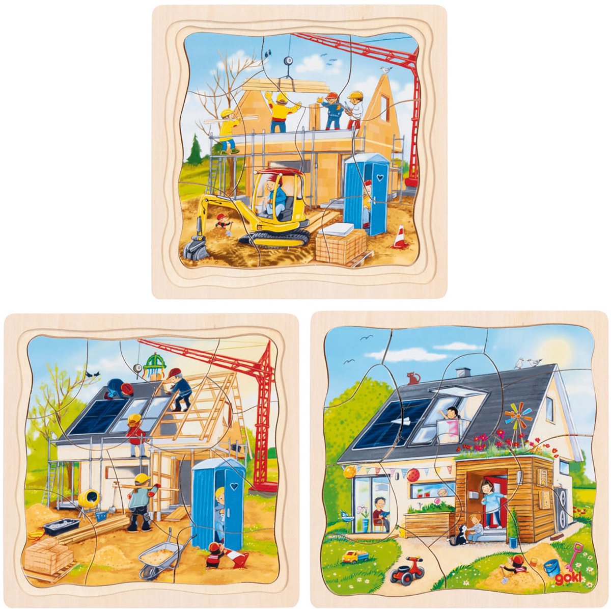 Puzzle en bois Goki à 3 couches - construction de maisons - 35 pcs.