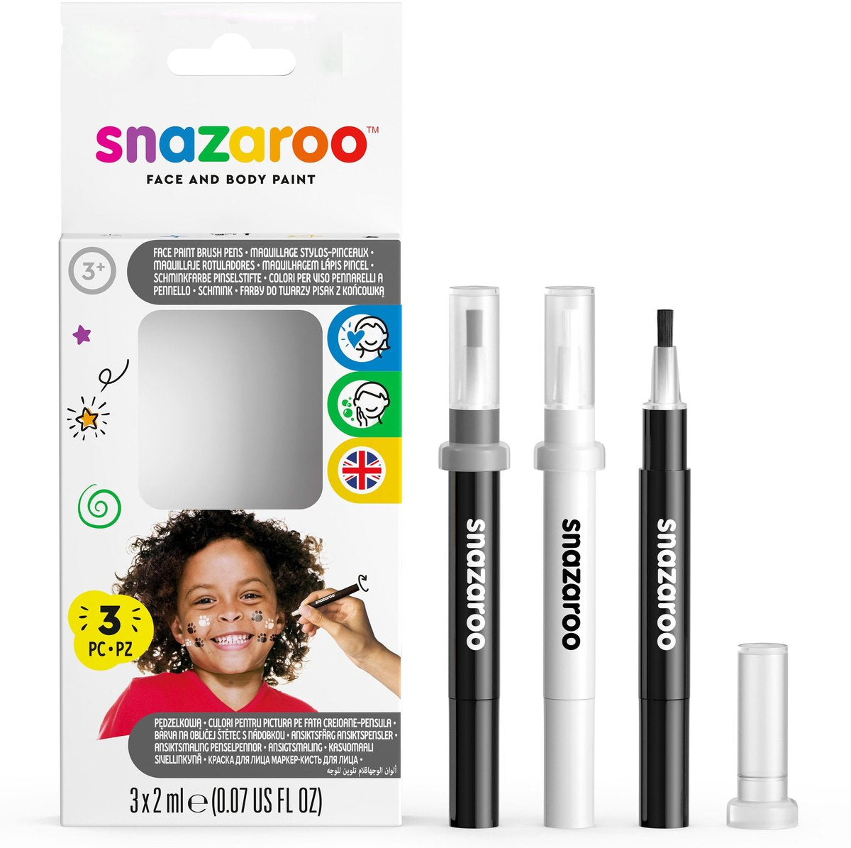 Snazaroo 1180156 set de stylos pinceaux noir et blanc 3 pièces – marqueurs de peinture pour le visage pour les détails des contours – prêt à l'emploi
