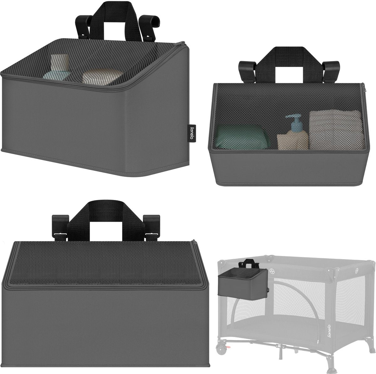 Lionelo sidepocket medium – poche de chevet organisateur de berceau 43×15×23 cm – poignée 3 compartiments à fermeture éclair – pour lit de voyage, boîte cododo – renforcé, multifonctionnel amovible