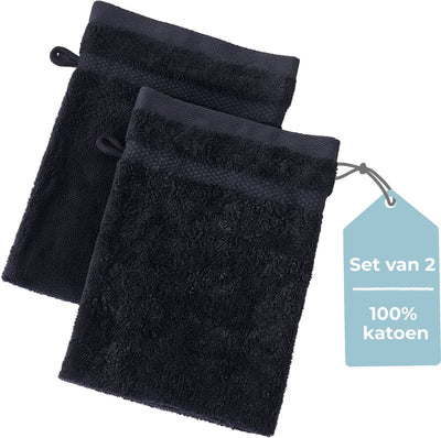 Faire taire. gant de toilette Living Hush Living - lot de 2 - 100 % coton - qualité lourde 500 g m2 - bordure élégante et boucle de suspension - 16x22 cm - noir