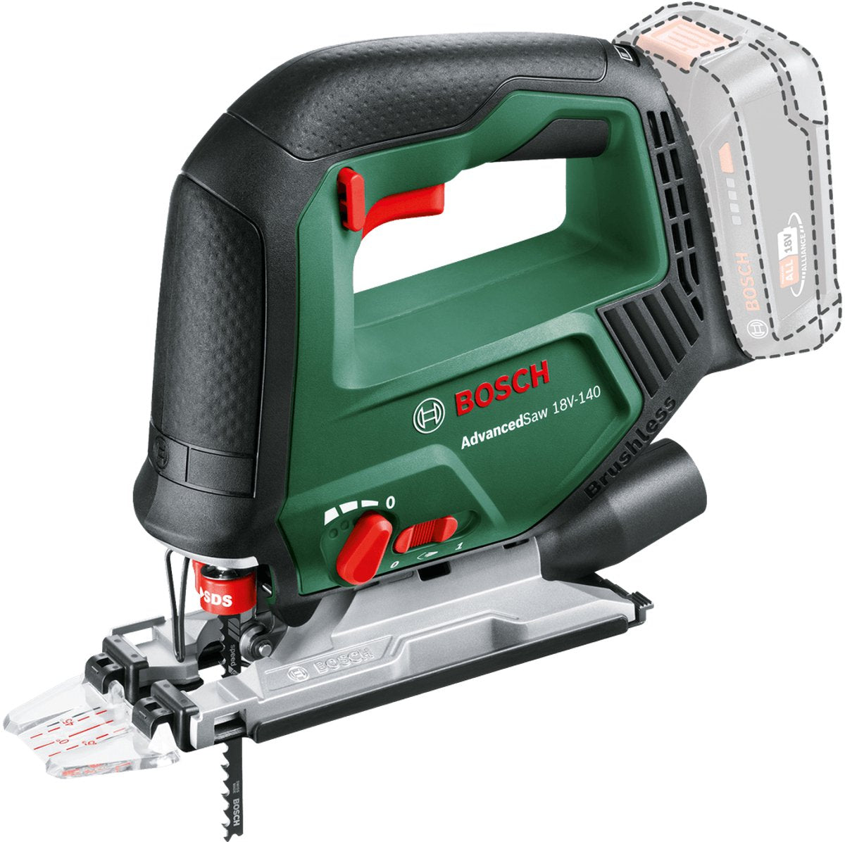 Bosch advancedsaw 18v-140 - scie sauteuse sans fil - comprenant 3x lame de scie (t144d) - contrôle de coupe - sabot de protection - cache-poussière - plaque anti-éclats - hors chargeur et batterie li-ion 18 v