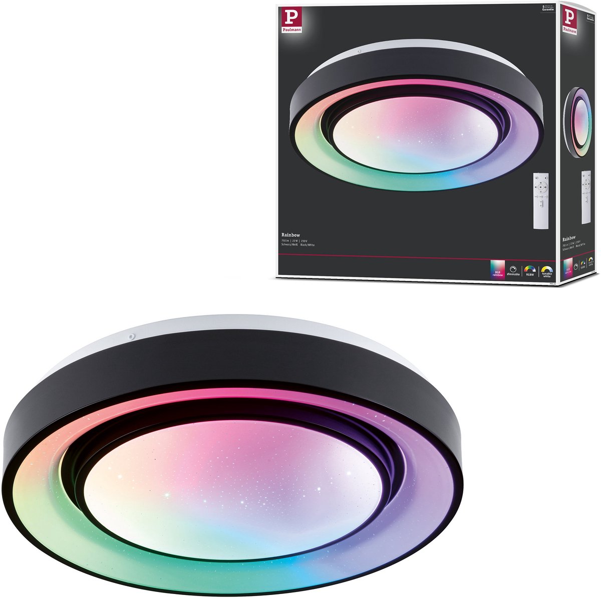 Paulmann Plafonnier LED Rainbow avec effet arc-en-ciel RGBW+ 750lm 230V 22W dimmable noir, blanc