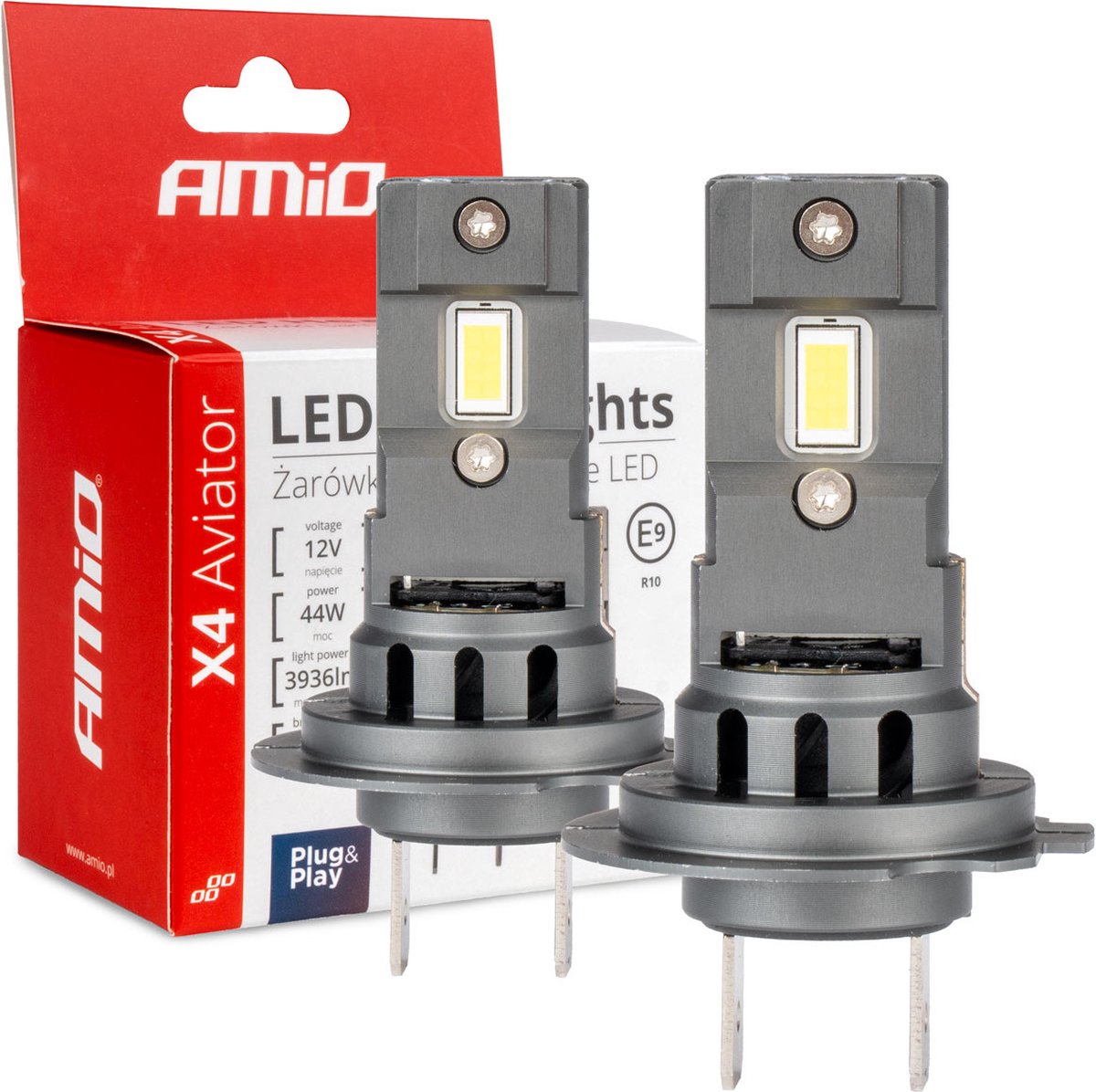Phares Amio LED série x4 aviateur h7 h18 6500k max. Feu de croisement 44w blanc