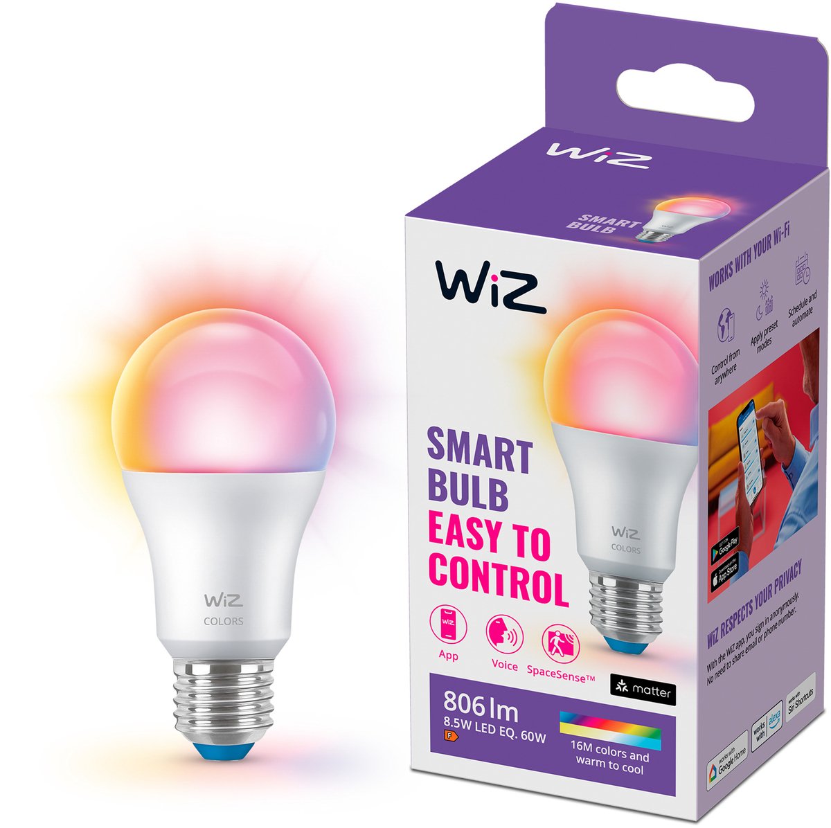 Lampe Wiz - lumière colorée et blanche - éclairage LED intelligent - culot E27 - 60w - mat - wi-fi
