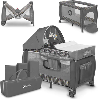 Lit de camping évolutif Lionelo sven plus 2en1 - 127x60 cm - jusqu'à 15 kg - cododo - lit de voyage avec table à langer, organiseur, moustiquaire et jouets interactifs