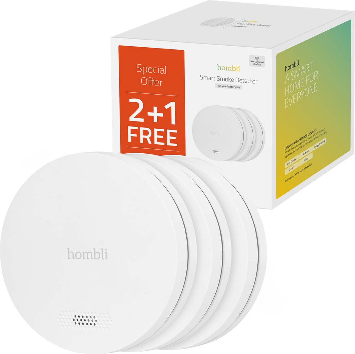 Détecteur de fumée intelligent Hombli avec aimant - détecteur d'incendie - batterie 10 ans - 85 dB - notifications mobiles via application - installation facile - 3 pièces - blanc