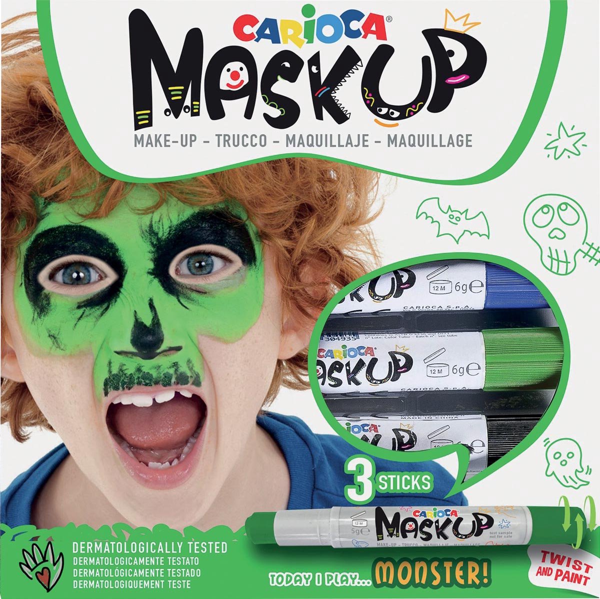 Carioca Mask Up Monster Face Paint Markers - 3 couleurs (vert bleu noir) - maquillage enfant - lavable