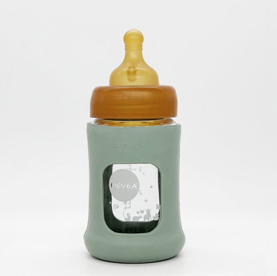 Biberon en verre à col large Hévéa avec manchon 150 ml 5 oz en emballage individuel (bleu écume de mer)