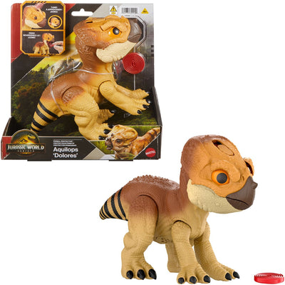 Mattel Jurassic World Rebirth Guardian Animal Aquilops 'Dolores', jouet dinosaure interactif avec action d'attaque et sons, figurine électronique de style ami animal, avec accessoire alimentaire