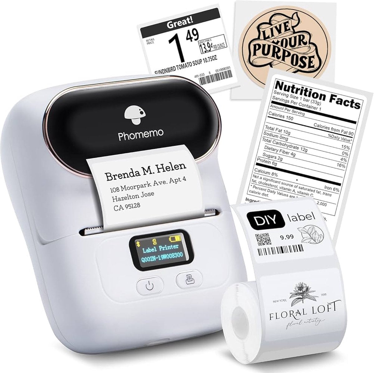 Phomemo - m110 - imprimante d'étiquettes portable - imprimante d'étiquettes thermique sans fil - avec application - étiquettes incluses - bluetooth - blanc