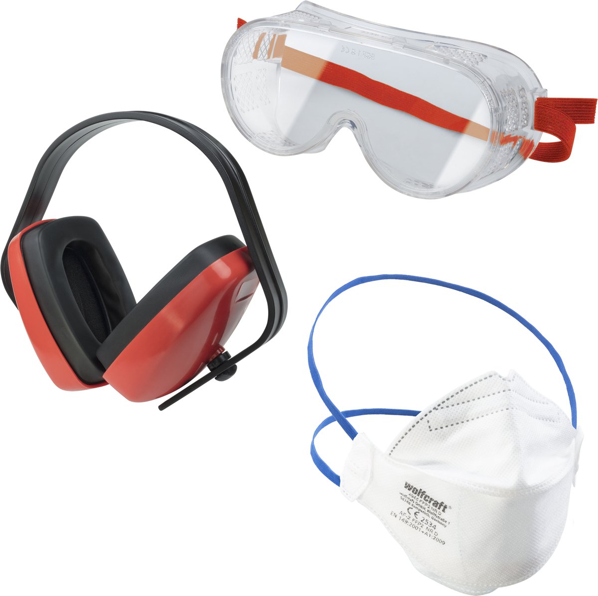 Wolfcraft - ensemble de lunettes de sécurité - 3 pièces - comprenant un masque anti-poussière et une protection auditive - 4980000