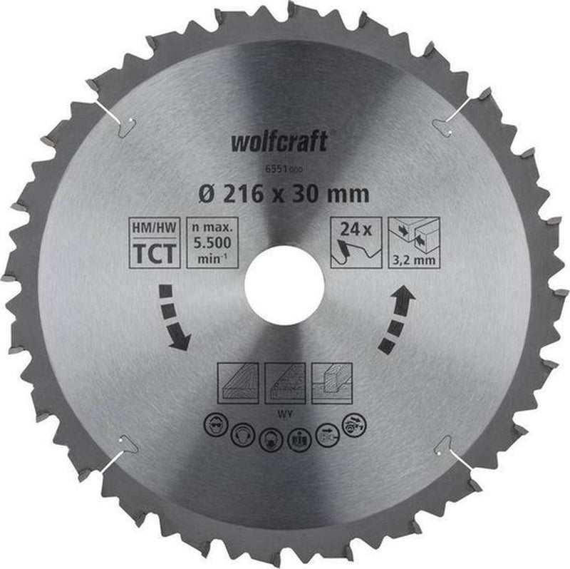 Wolfcraft - lame de scie circulaire 216x30 mm scie à tronçonner - 24 dents - convient aux scies à tronçonner et scies à table - 6551000