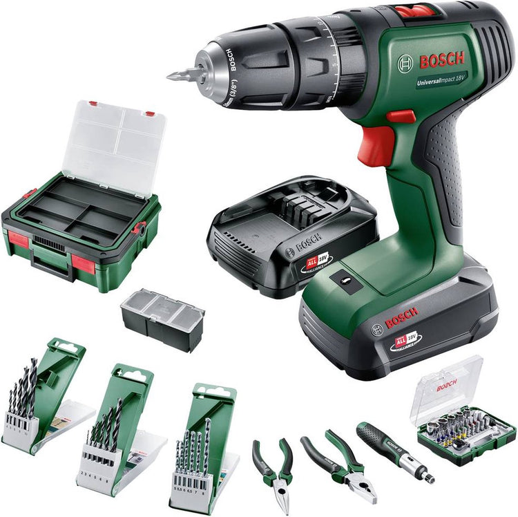 Perceuse à percussion sans fil Bosch pour la maison et le jardin, 18 V, avec batterie incluse. chargeur, incl. cas