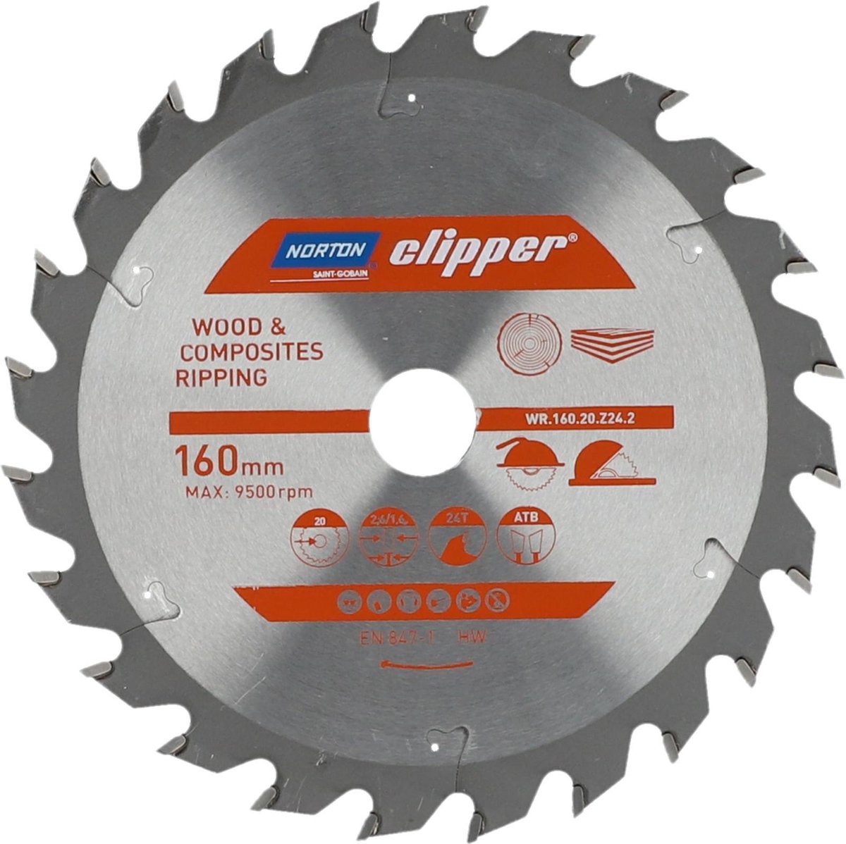 Norton clipper bois et composite - lame de scie atb déchirage - 160mm - 24 dents - pour scies circulaires et scies à tronçonner