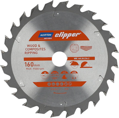 Norton clipper bois et composite - lame de scie atb déchirage - 160mm - 24 dents - pour scies circulaires et scies à tronçonner