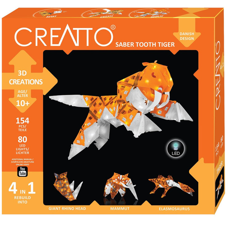 Tigre de sabre Kosmos creatto – pack hobby – construisez 4 modèles d'animaux 3D illuminés avec LED – tigre à dents de sabre