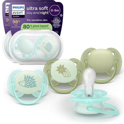 Philips avent ultra soft nighttime - 0 à 6 mois - sucette qui brille dans le noir - pack de 4 -scf094 09