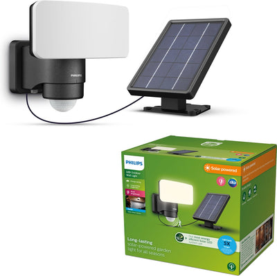 Philips LED Lampe de sécurité Philips Tylus - LED ultra efficace - lampe solaire d'extérieur - lumière blanc froid ; 5000k - noir - détecteur de mouvement - capteur crépusculaire - énergie solaire