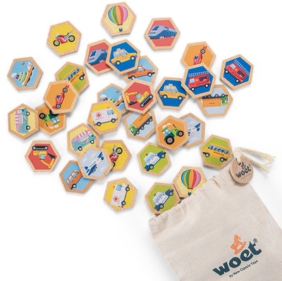 Woet ® jeu de mémoire en bois avec véhicules - jeu de mémoire pour enfants - fsc - avec sac de rangement - jouet éducatif - à partir de 2 ans