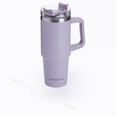 Mug de voyage Muitomas - mug de voyage - double paroi isolée - anse en paille pratique - 900 ml - violet