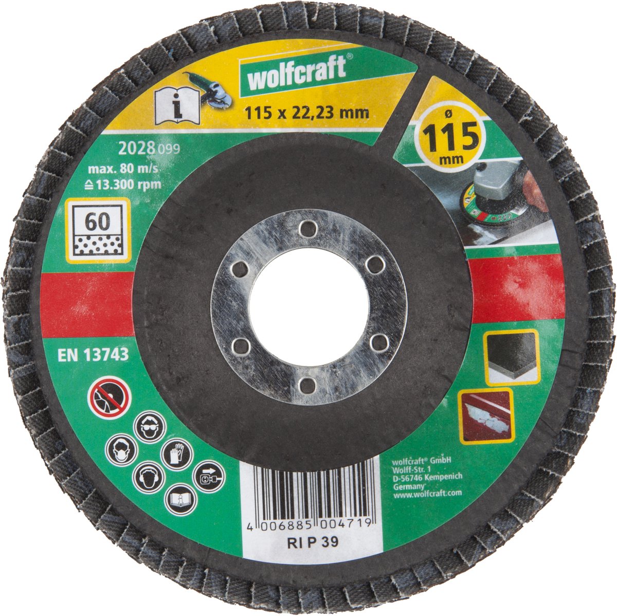 Wolfcraft - disque à lamelles - 115 mm - grain 60 - meuleuse d'angle à plaque à lamelles de ponçage pour métal - 2028099
