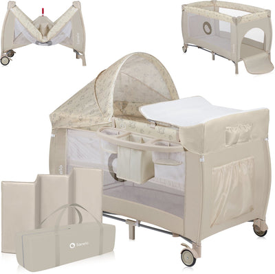 Lit de camping évolutif Lionelo sven plus 2en1 - 127x60 cm - jusqu'à 15 kg - cododo - lit de voyage avec table à langer, organiseur, moustiquaire et jouets interactifs
