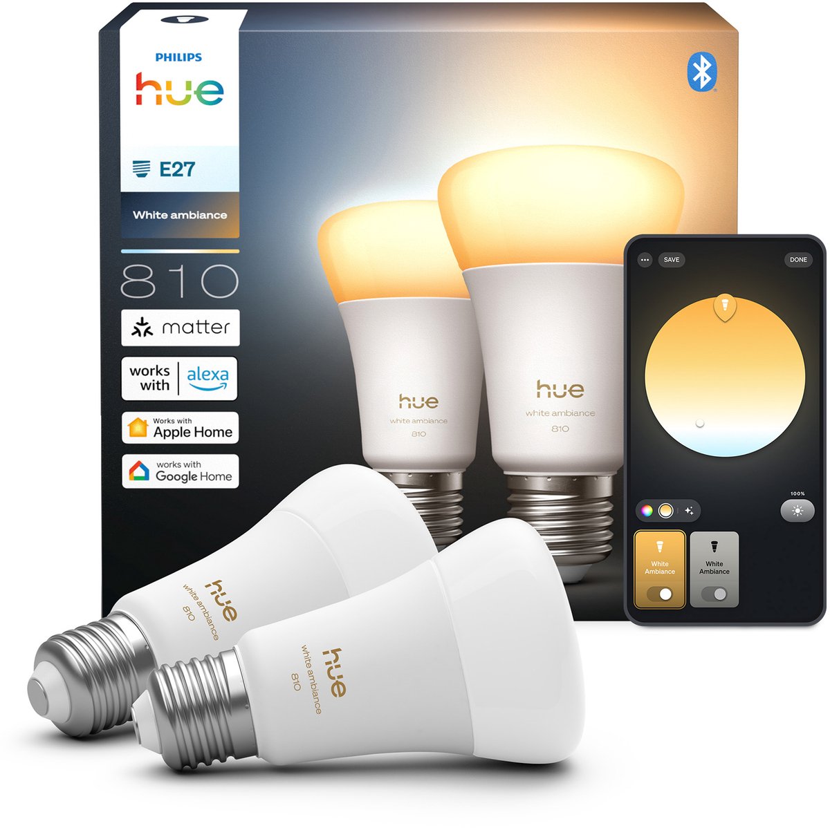 Lampe Philips Hue Smart LED A60, lumière blanche chaude à froide, culot E27, lot de 2