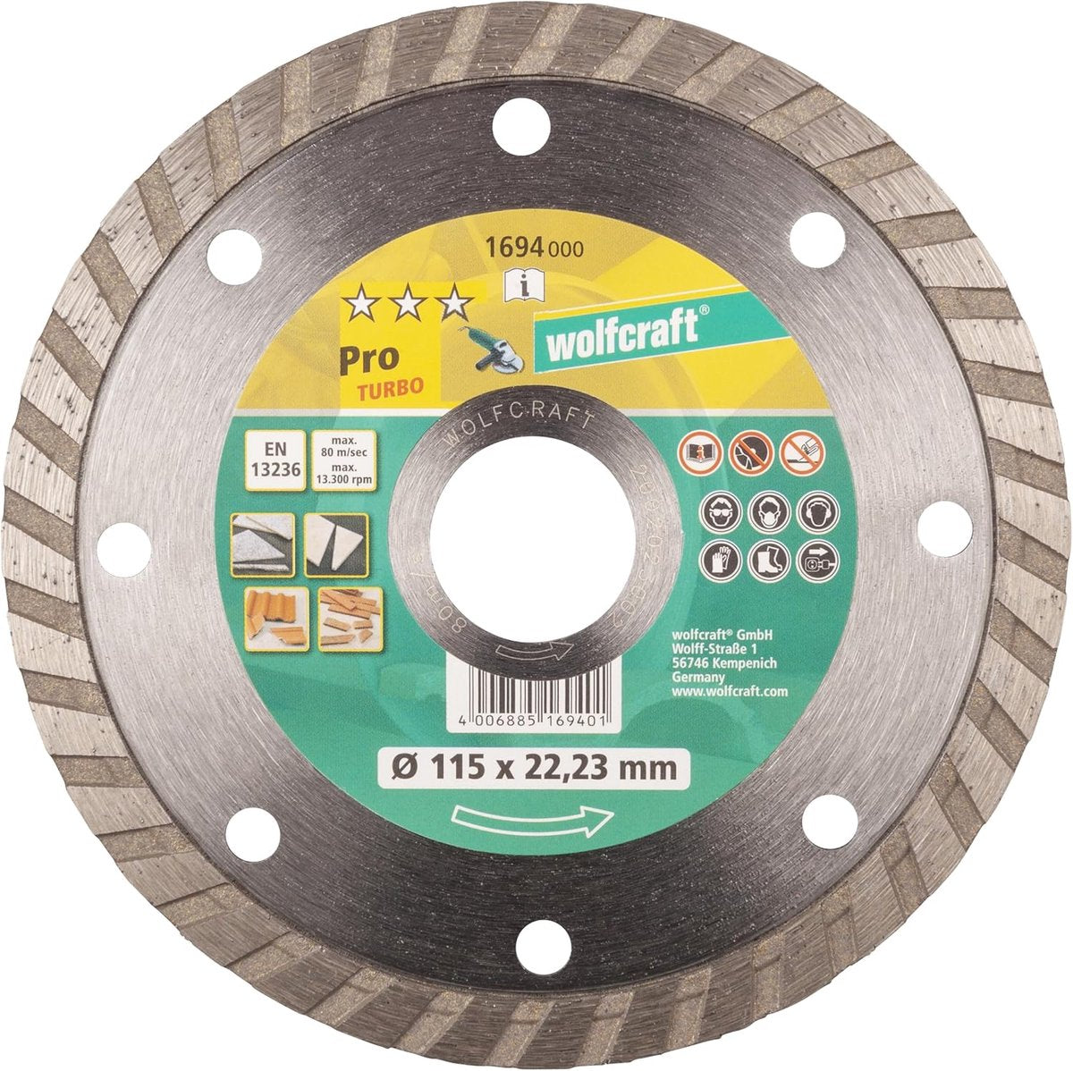 Wolfcraft - disque à tronçonner diamanté 115 mm - disque à tronçonner diamanté pro turbo pour meuleuse d'angle - 1694000