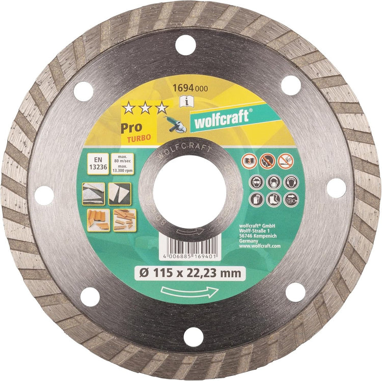 Wolfcraft - disque à tronçonner diamanté 115 mm - disque à tronçonner diamanté pro turbo pour meuleuse d'angle - 1694000