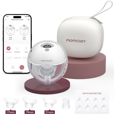 Momcozy m5 smart – tire-lait mains libres – 1 pièce – électrique – silencieux compact – avec inserts de téterelle – blanc gris
