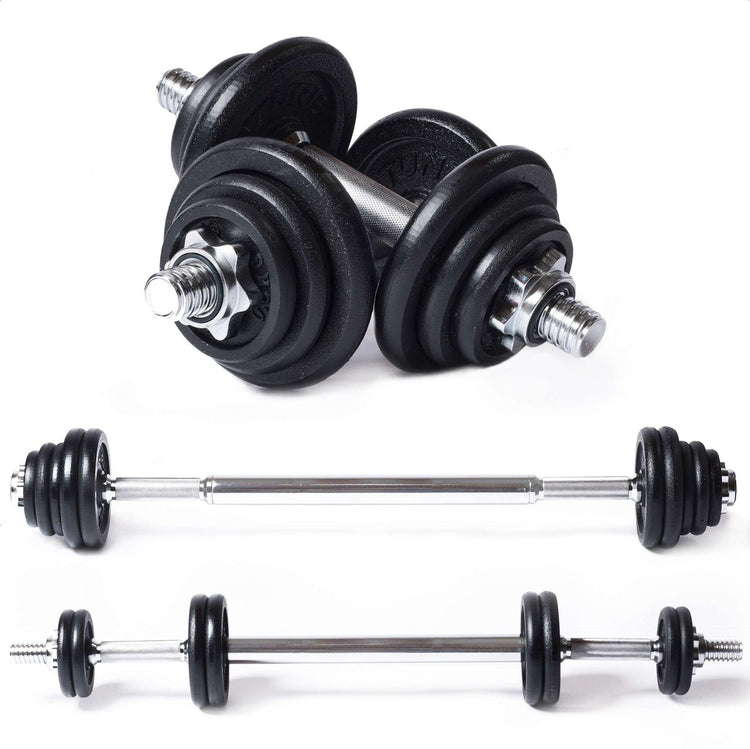 Tunturi barre et haltères en fonte - set d'haltères 20 kg - barre avec poids - set d'haltères - fermeture à vis 30 mm - poignée antidérapante