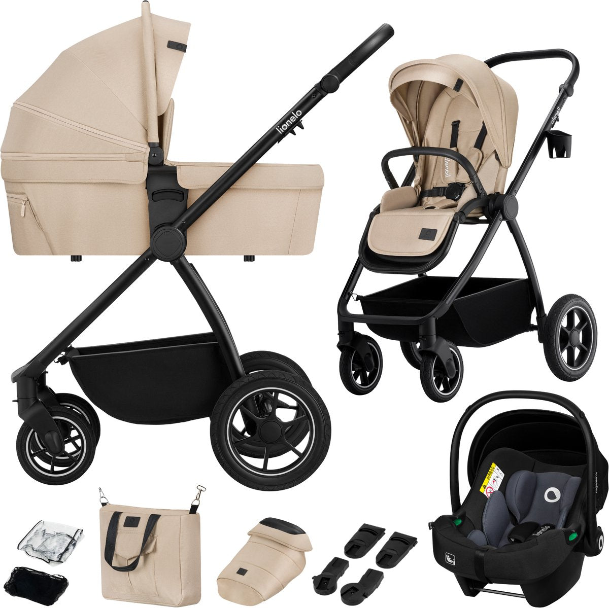 Poussette Lionelo Meril 3en1 - buggy - nacelle XL, poussette siège auto certifié ADAC - roues tout terrain - set d'accessoires complet - UPF50+