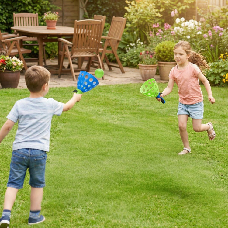 Eddy Toys Shoot Catch Ball Set 2x - Jeu de tir et de capture avec 2 lanceurs et 2 balles - Jouets d'extérieur actifs pour enfants - Bleu et vert