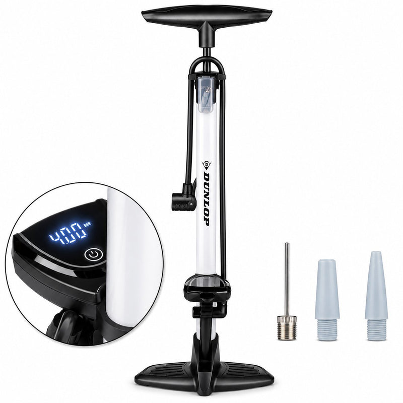 Pompe à vélo numérique Dunlop avec manomètre - pompe à vélo adaptée à la valve Schrader Presta - pompe à bille 120 psi 8,3 bar - avec adaptateurs de valve et aiguille