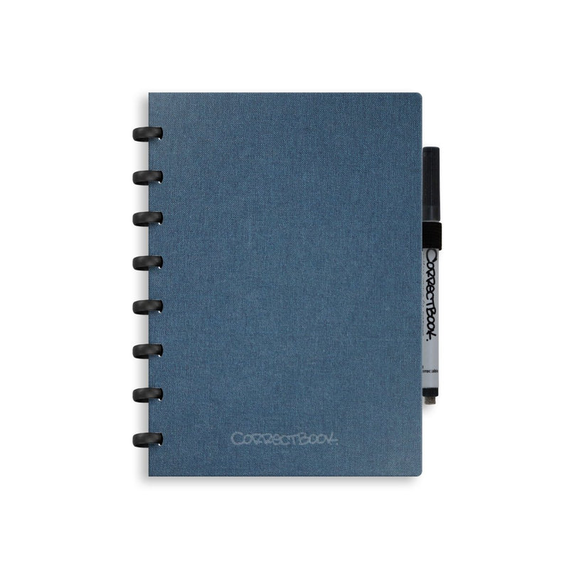 Carnet effaçable Correctbook a5 – couverture rigide en lin – carnet réutilisable – bleu acier – vierge – avec lingette pour stylo – peut être complété par des pages supplémentaires