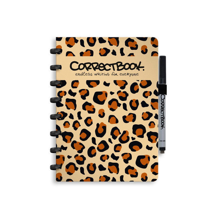 Carnet effaçable Correctbook a5 – léopard puissant – ligné – carnet réutilisable – avec lingette pour stylo – peut être complété par des pages supplémentaires
