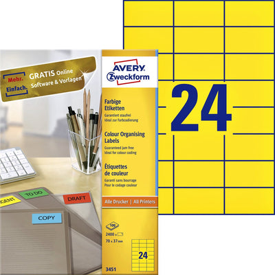 Étiquettes colorées Avery, jaune, 70,0 x 37,0 mm, adhésif permanent