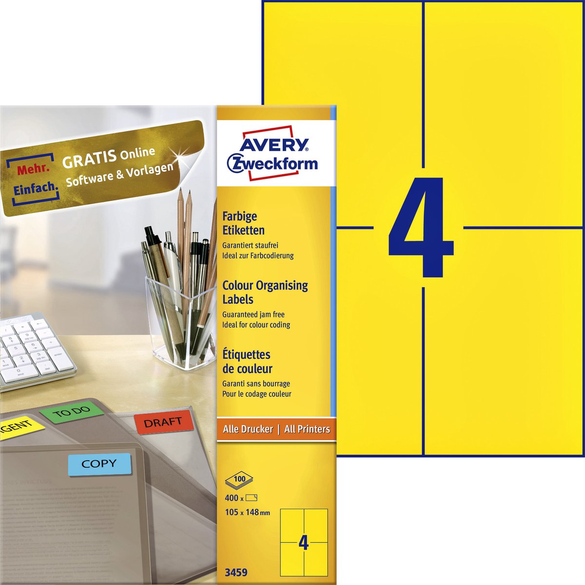 Étiquettes colorées Avery, jaune, 105,0 x 148,0 mm, adhésif permanent