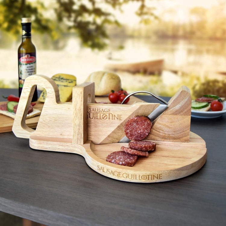 Guillotine à saucisses Mikamax - coupe-saucisses - planche à découper les saucisses - guillotine à saucisses - facile à nettoyer - couteau en acier inoxydable - bambou - 30 x 19 cm
