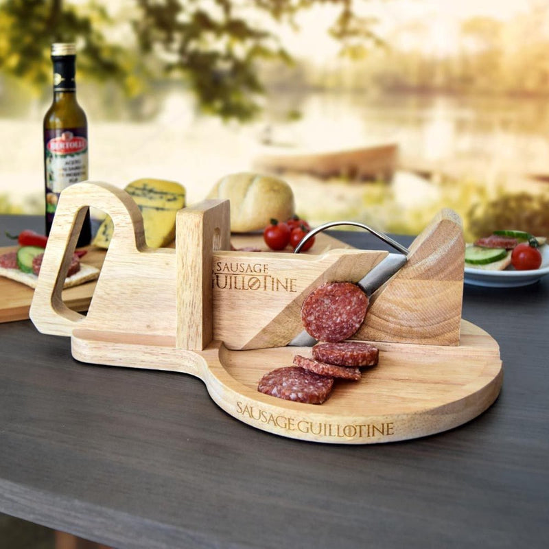 Guillotine à saucisses Mikamax - coupe-saucisses - planche à découper les saucisses - guillotine à saucisses - facile à nettoyer - couteau en acier inoxydable - bambou - 30 x 19 cm