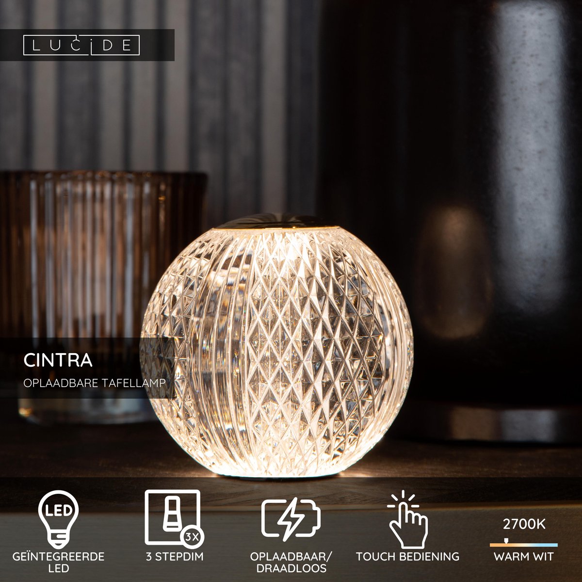 Lucide cintra - lampe de table rechargeable - batterie rechargeable - ø 11 cm - LED 3 stepdim - 1x2w 2700k - transparent