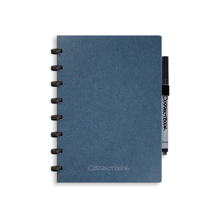 Carnet effaçable Correctbook a5 – couverture rigide en lin – carnet réutilisable – bleu acier – vierge – avec lingette pour stylo – peut être complété par des pages supplémentaires