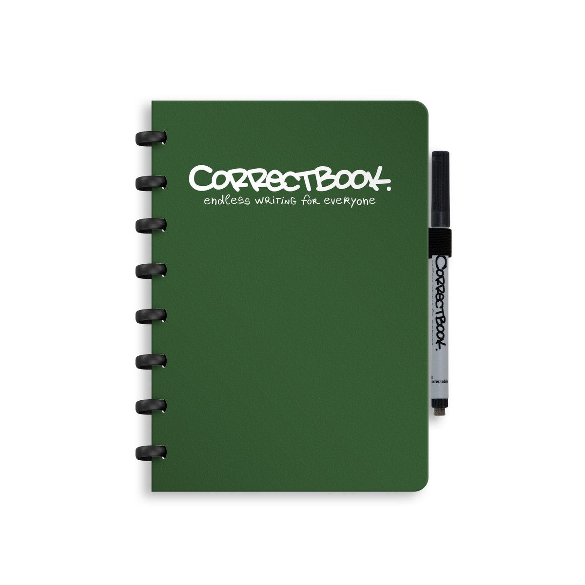 Carnet effaçable Correctbook a5 – vert forêt – vierge – carnet réutilisable – avec lingette pour stylo – peut être complété par des pages supplémentaires