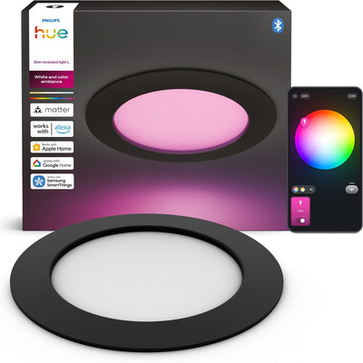 Spot encastrable LED Philips Hue Thin - éclairage salle de bain - raccord Gu10 - contient 3 spots encastrables - lumière blanche et colorée orientable - noir - IP44 : résistant aux éclaboussures - ø : 170 mm - éclairage intelligent