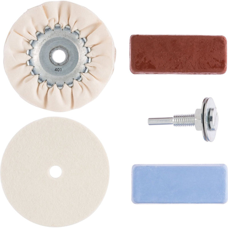 Kit de polissage Bosch - meule de polissage en feutre, disque en tissu, manche et pâte à polir