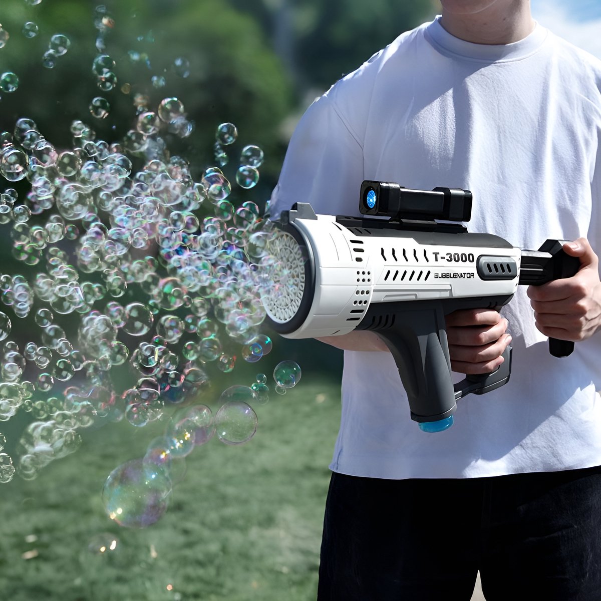 Pistolet à bulles Mikamax - bubblenator T-3000 - pistolet à bulles avec 57 trous - lumière LED USB - jouets pour fêtes d'enfants en plein air