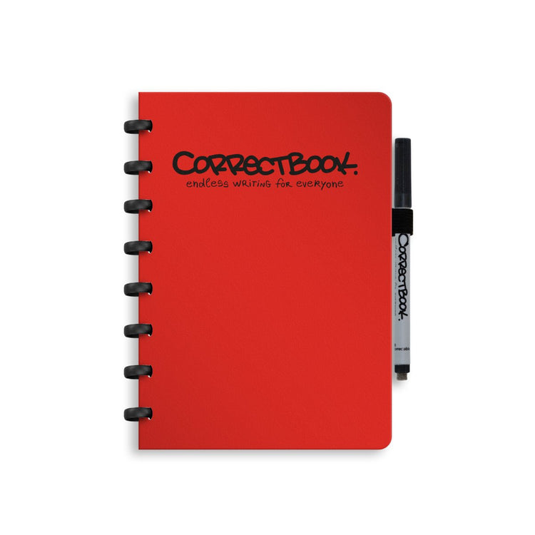 Carnet effaçable Correctbook a5 - carnet réutilisable - rouge horizon - ligné - avec lingette pour stylo - peut être complété par des pages supplémentaires