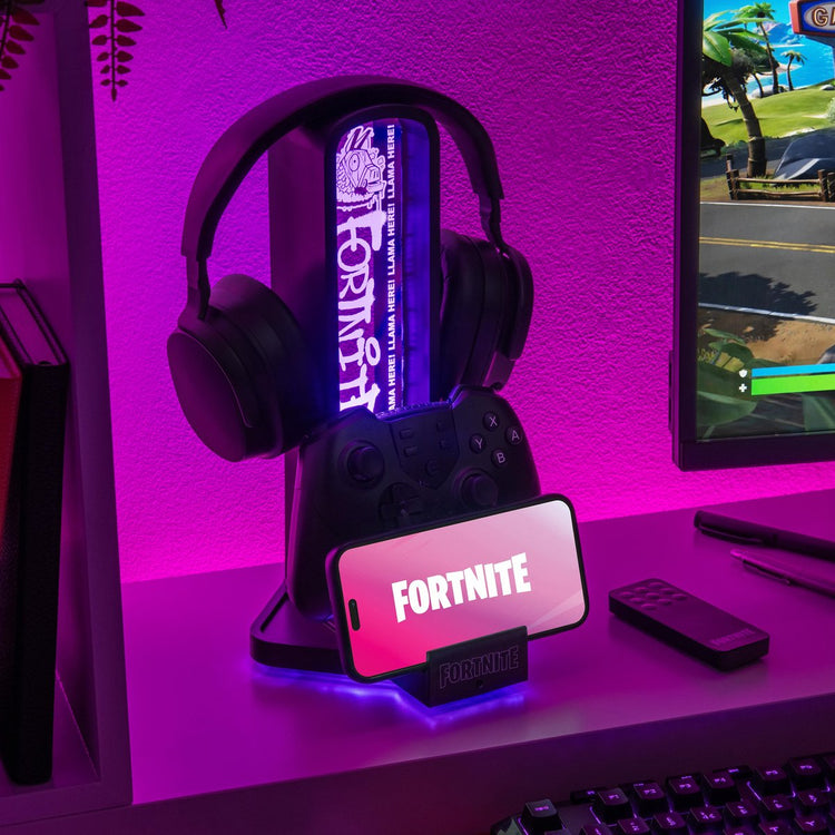 Paladone Fortnite Support pour casque 3 en 1 avec ports de charge USB-C et lumière RVB - Accessoire de bureau de jeu sous licence officielle -