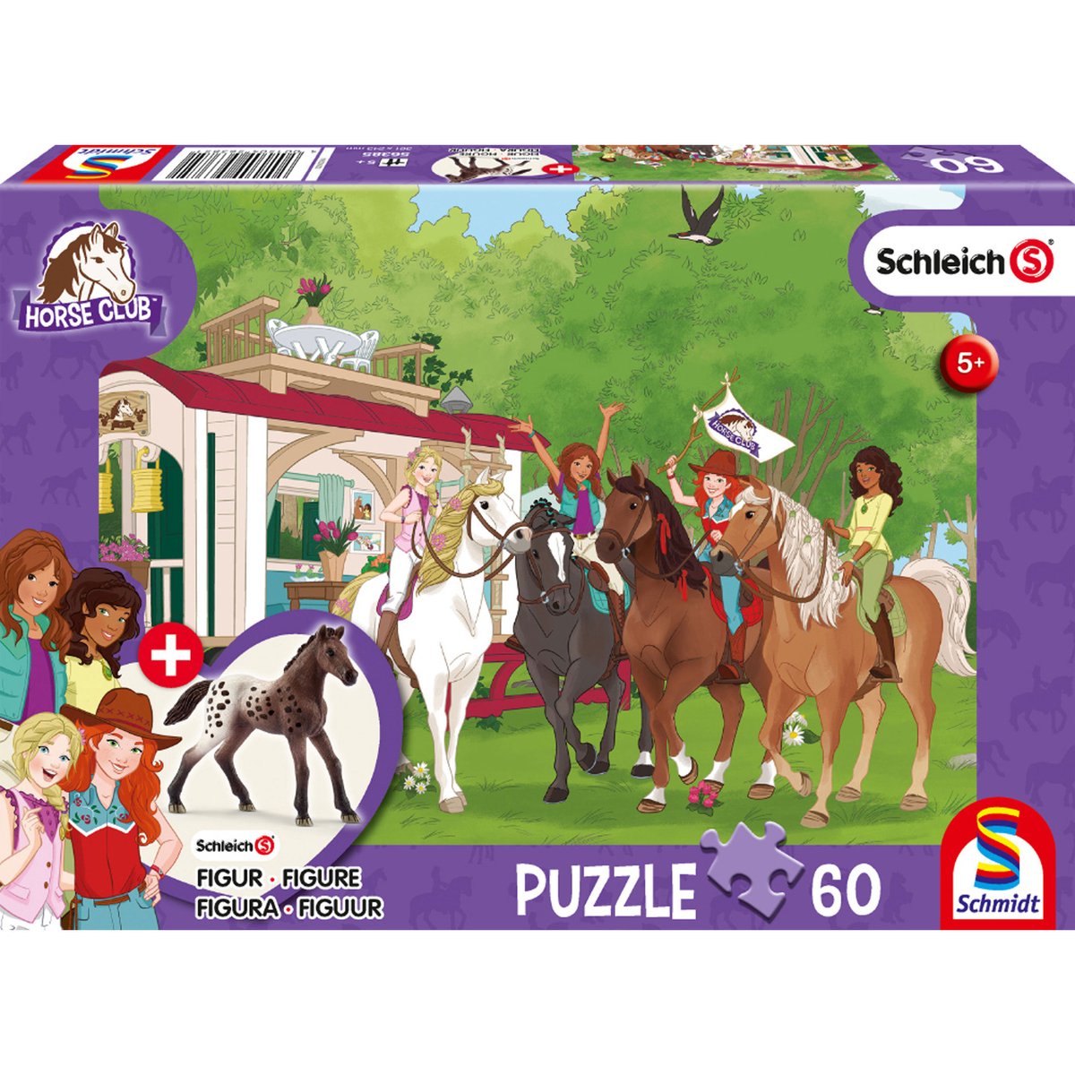 Schmidt - puzzle - réunion du club hippique à la caravane - chevaux - schleich - 60 pièces + figurine originale - enfants - à partir de 5 ans